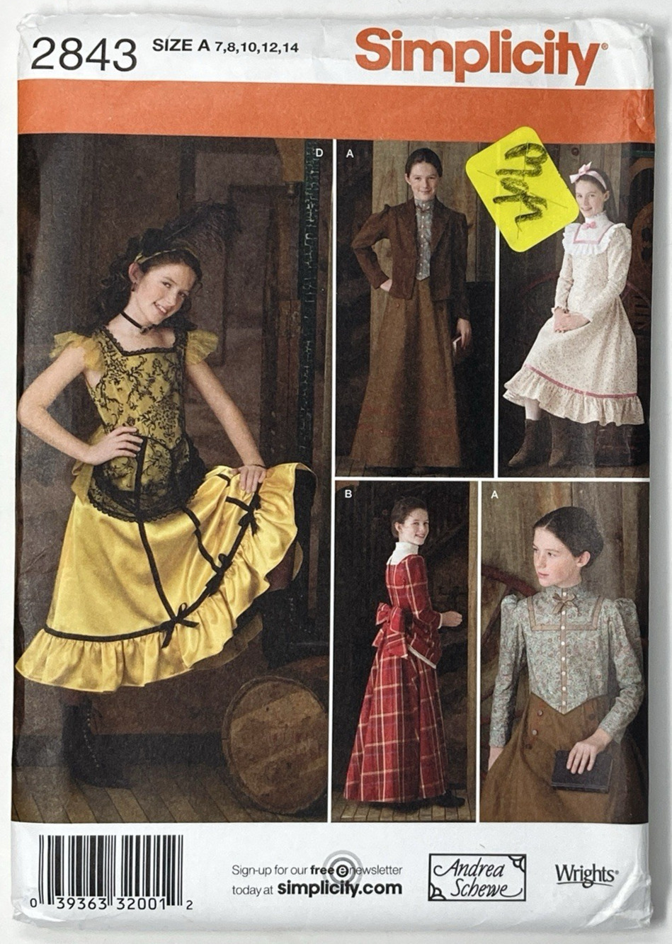 Simplicity 2843 Wild West Prairie Saloon Pattern Girls 7-14 Uncut Halloween